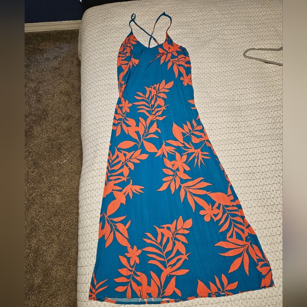 Old Navy Blue and Orange Leaf Print Maxi Dress